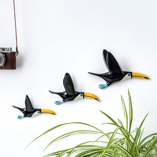 Three Flying Toucans Ceramic Wall Art
