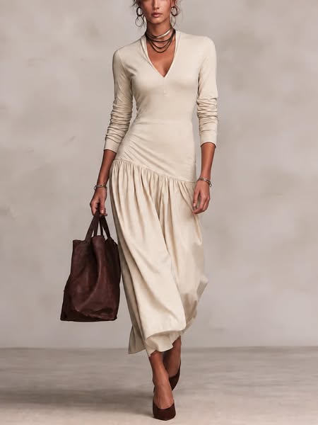 Cream Mixed Fabric V-Neck Long Sleeve Maxi Dress