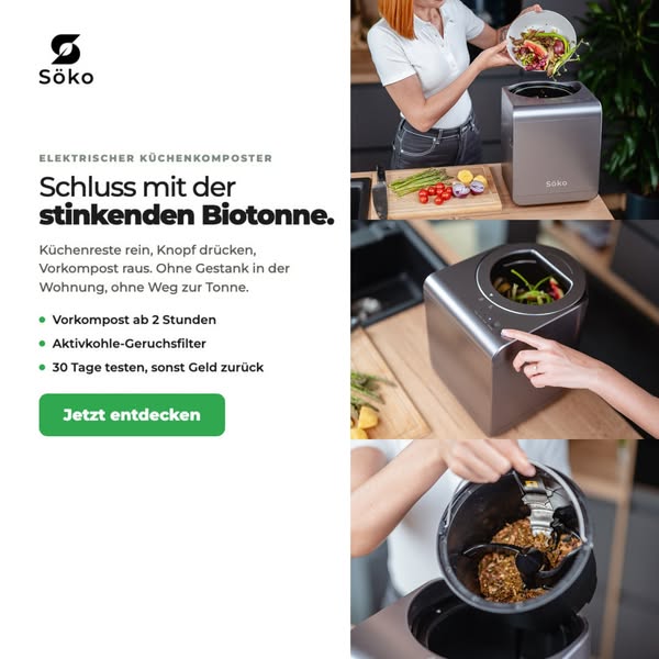 Verwandle Biomüll schon ab 2 Stunden in frische Komposterde mit dem elektrischen Söko Komposter