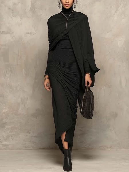 Navy Knit Maxi Dress With Beaded V-Neckline And Textured Patchwork Skirt