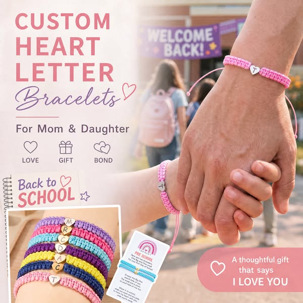 Personalized Heart Initials Adjustable Rope Bracelet Set of 2 with Text and Card Back to School Birthday Gift for Mom Daughter