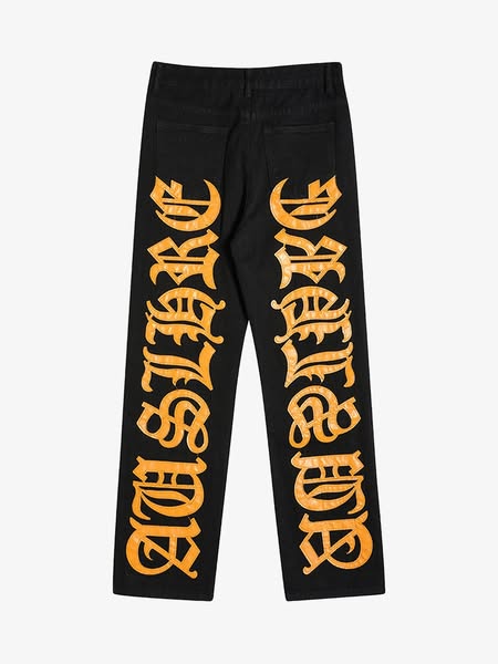 Burning Text Embroidered Letters Jeans | Thesupermade®