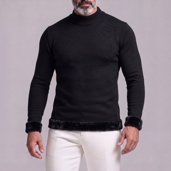 Men's Navy Blue Mock Neck Fleece-Lined Knitted Slim Fit Pullover Sweater