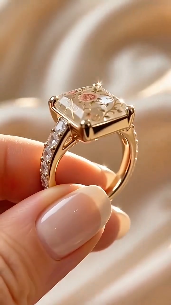 Vintage Rose Floral Crystal Statement Ring with Gold-Tone Band