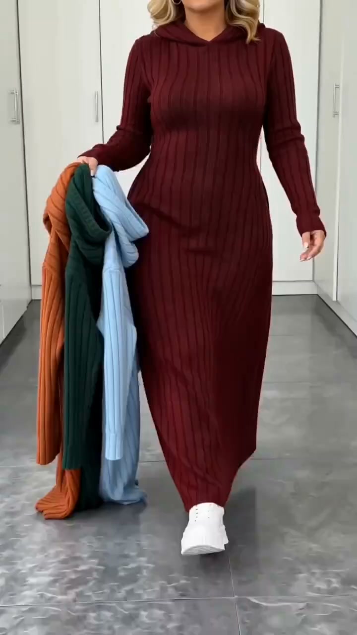 Plus Size Ribbed Hooded Pockets Maxi Dress