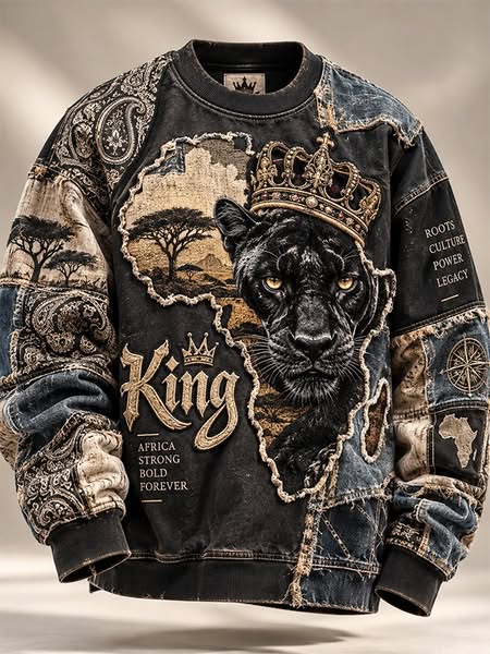 Men's Retro Paisley African Map And Crowned Panther King Print Casual Sweatshirt