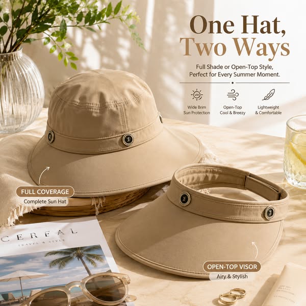 Women's Wide-Brim 2-in-1 Sun Hat | Convertible Cap & Visor.