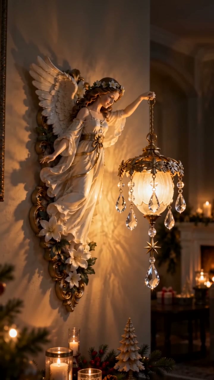 Antique‑Gold Guardian Angel Wall Sconce With Crystal Pendants