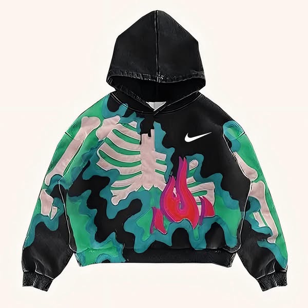 Skeleton Fire Graphic Hoodie Streetwear Pullover Hooded Sweatshirt