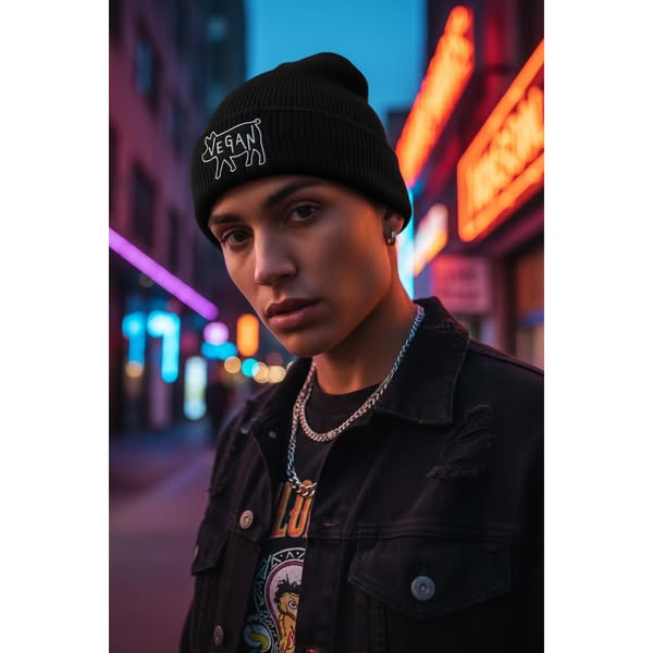 VEGAN Embroidered Organic ribbed beanie