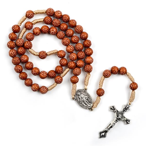 Christianartworkshop Handmade Rose-Shaped Wooden Bead Rosary: Miraculous Medal & Crucifix
