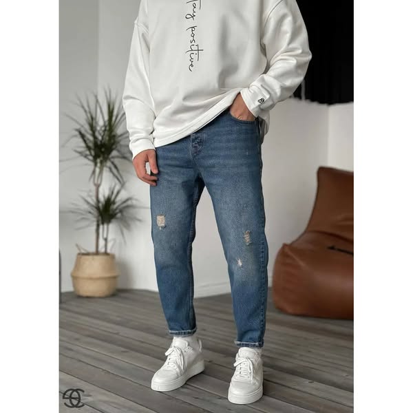 Παντελόνι Τζιν Loose Fit Ρετρό Επεξεργασμένο Μπλε Με Εφέ Πράσινου Και Σκισιματα