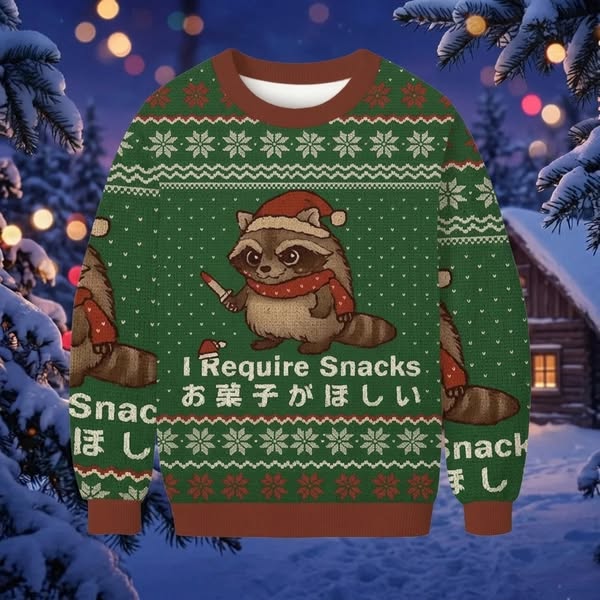 "I Require Snacks" Raccoon Ugly Sweater