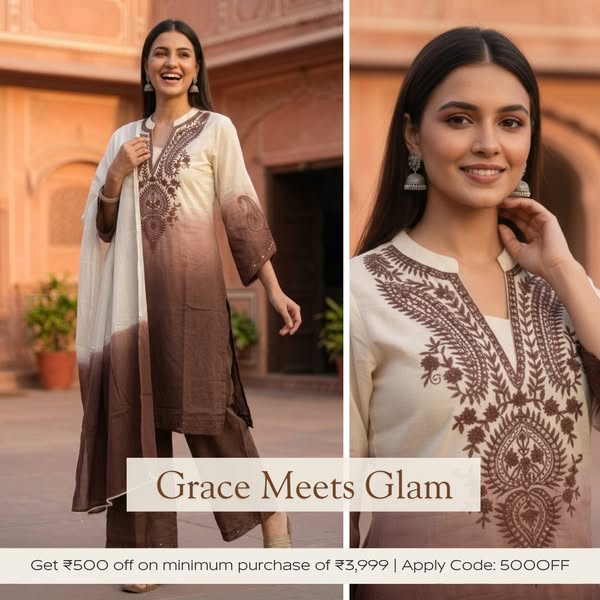 Brown Ombre Cotton A-Line Kurta Set with Floral Mirror Work Embroidery, Palazzo & Taping Dupatta