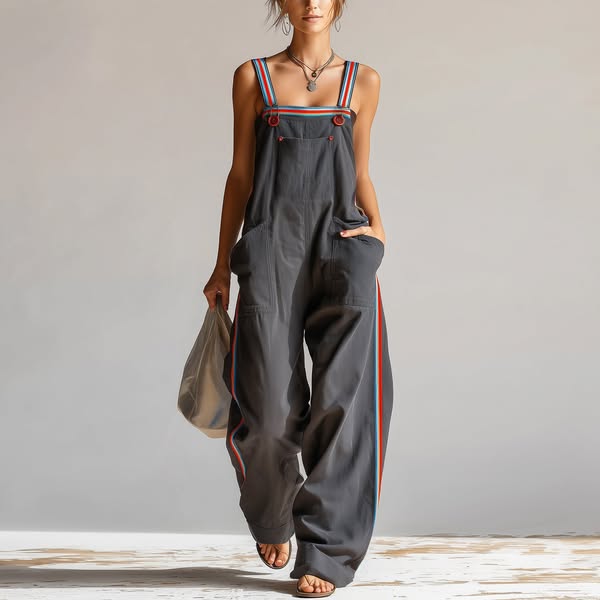 Women’s Oversized Utility Overalls – Contrast Strap Wide Leg Cargo Jum