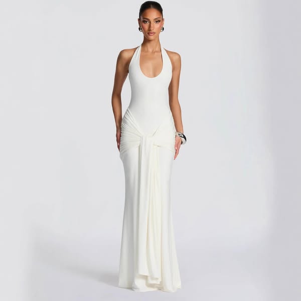 Halter Ruched Draped Mermaid Maxi Evening Dress