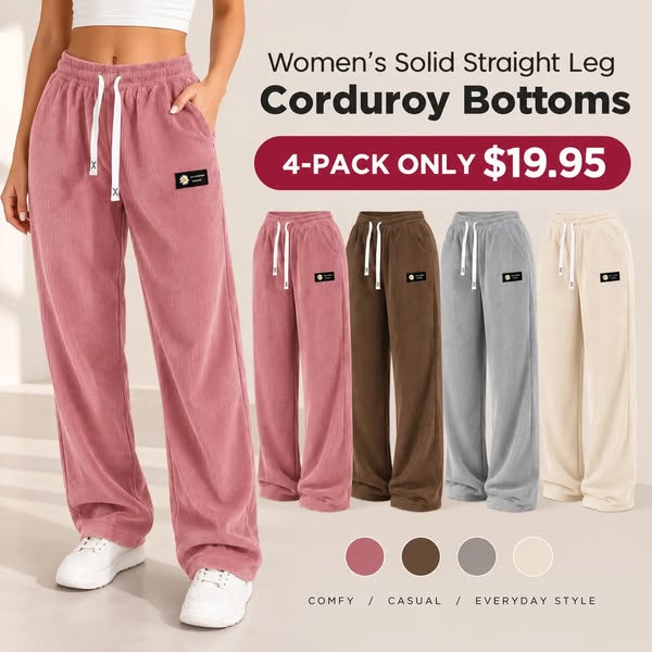 XS–5XL Women's Solid Straight Leg Corduroy Bottoms-100% Cotton