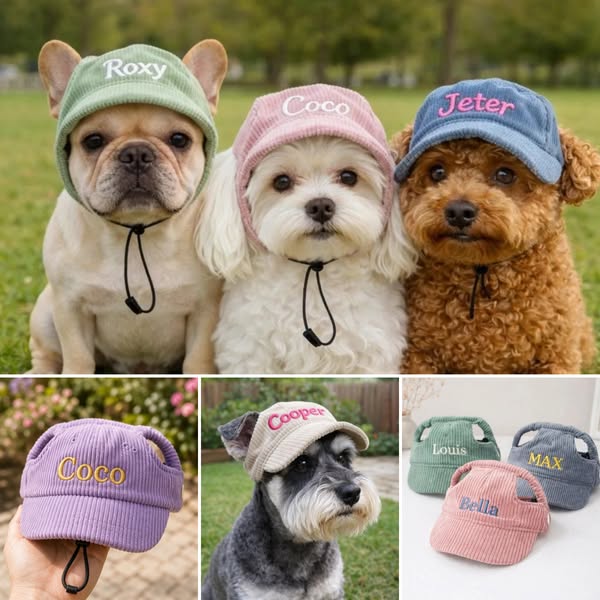 Custom Embroidered Name Corduroy Dog Hat, Adjustable Breathable Pet Baseball Sun Hat, Personalized Puppy Cap Suitable for Small to Large Bre