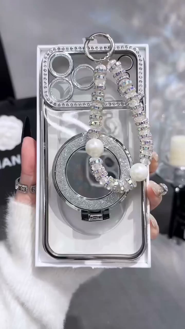 Sparkling Diamond Women's Phone Case with Mirror & Stand for iPhone 12/13/14/15/16/17 Pro Max,17Air,14/15/16 Plus