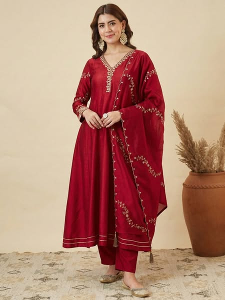 Red Floral Embroidered Silk Kurta Set