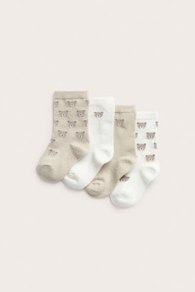 Baby beige teddy bear motif socks (4-pack), 0-4-months
