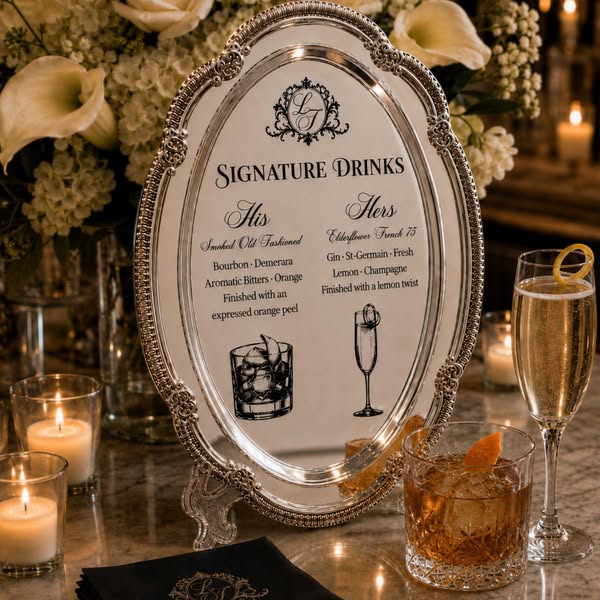 Personalized Laser Engraved Silver Wedding Tray, Custom Wedding Bar Menu, Signature Cocktail Sign, Wedding Keepsake, Bridal Shower Gift