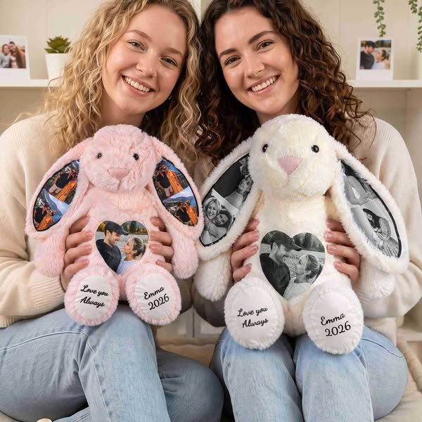 Coelho de pelúcia personalizado com 1 a 4 fotos, coelho macio com orelhas escondidas, presente ideal para relacionamentos à distância, anive