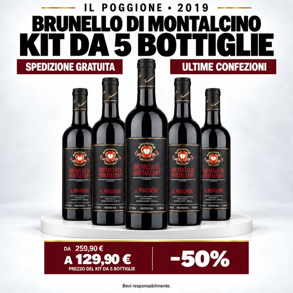 Set da 5 bottiglie di vino rosso: Il Poggione Brunello di Montalcino, 5 × 750 ml