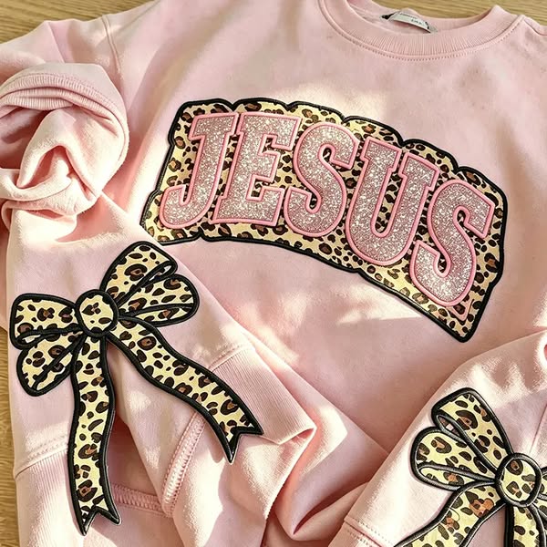 Embroidered Glitter Bow JESUS Crewneck