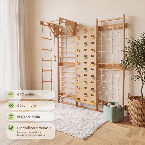 7-in-1 Kiipeilyseinä lapsille: puolapuut, kiipeilyverkko & 3in1 keinusetti