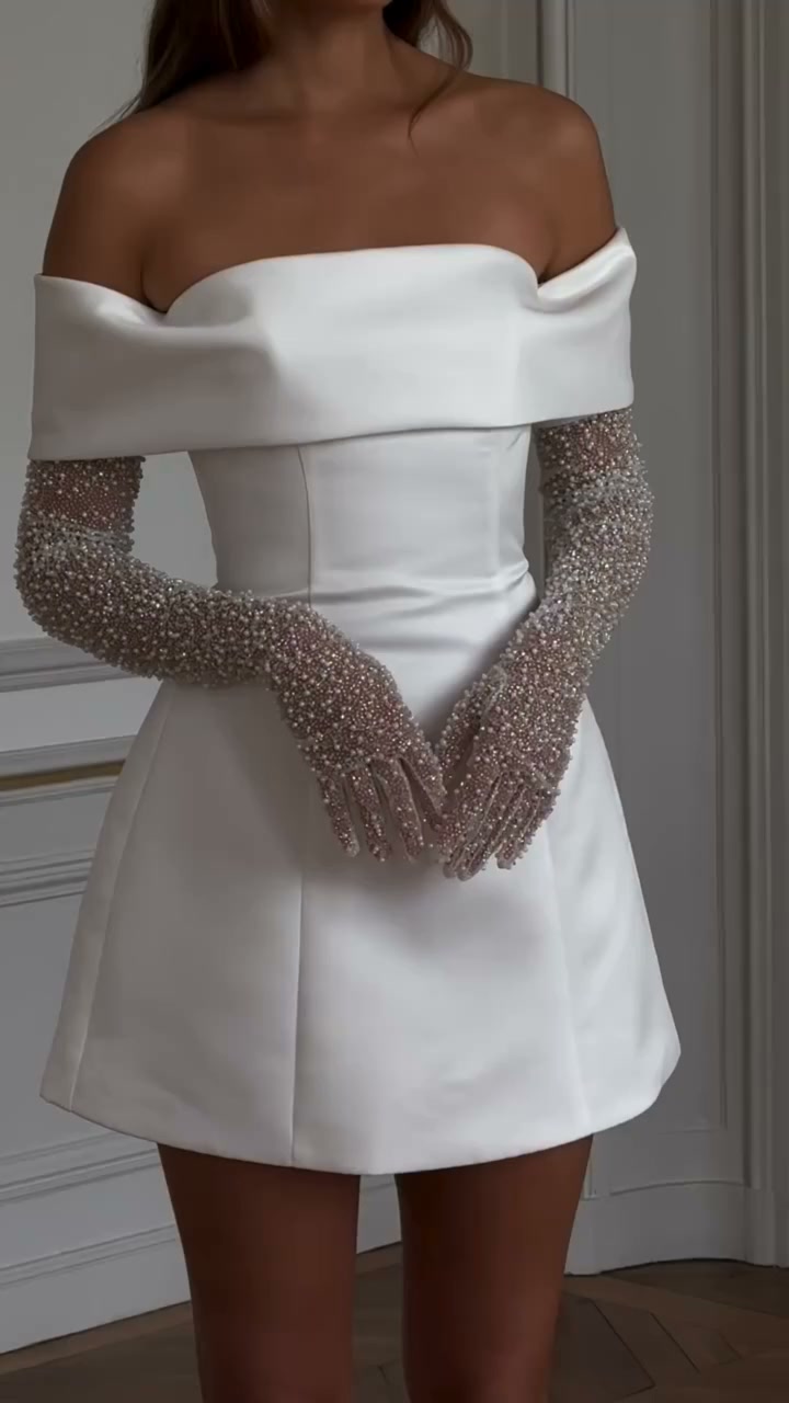 Off-The-Shoulder Satin Mini Bridal Gown | Fold Over Neck Elopement Wedding Dress