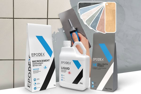 Microcement set for tiles incl. primer & levelling compound 2.5m² (18kg) to 301m² (990kg)