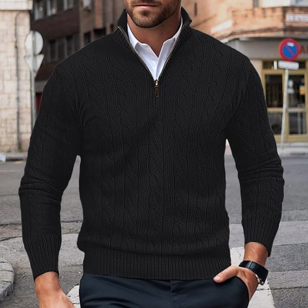 Men's Daily Stand Collar Half Zip Cable Knit Long Sleeve Sweater