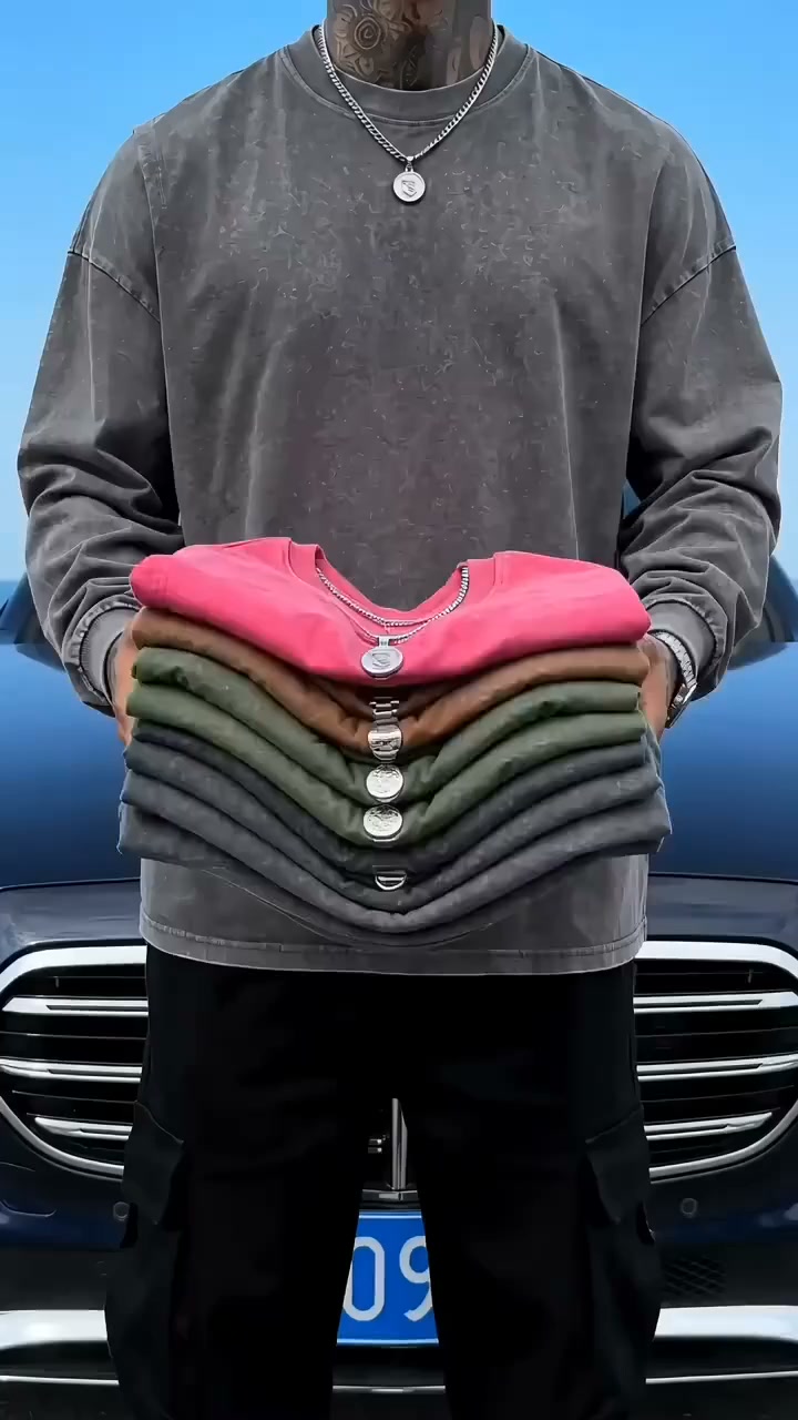 Men's Oversized Washed Distressed Cotton Long-Sleeve T-Shirt