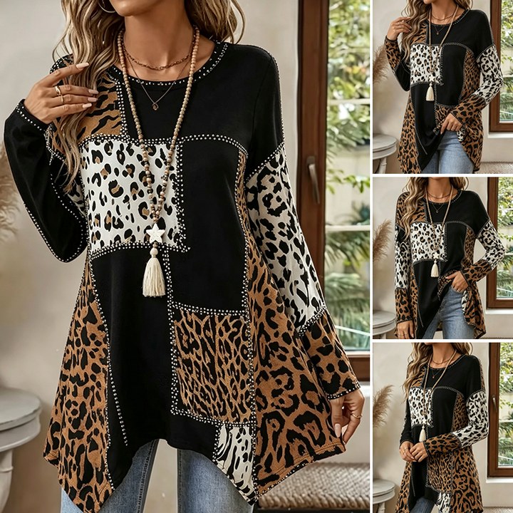Leopard Print Patchwork Irregular Blouse