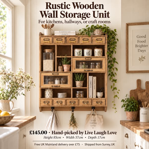 Rustic Wooden Wall Storage Unit with Hooks Drawers and Compartments