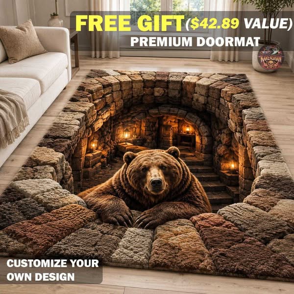 3D Grizzly Bear Stone Fireplace Area Rug, Bear Den Kitchen Mat, Rustic Cave Runner Rug, Wildlife Rustic Home Decor, Cozy Cabin Doormat