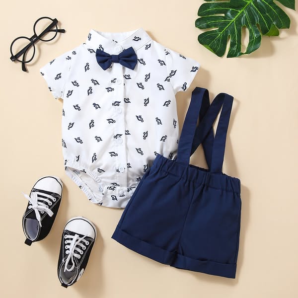 Souflis Blue White Dinosaur Print Bow Front Shirt Bodysuit Pinafore Shorts Baby Boy Clothes Toddler Regular Fit Collared Regular Sleeve Cute