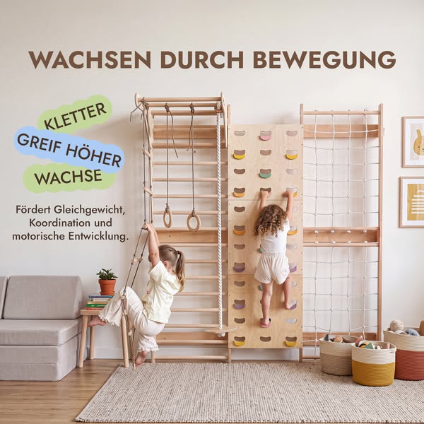 7-in-1 Kletterwand fürs Kinderzimmer mit Sprossenwand, Kletternetz, Klimmzugstange & (3in1) Kinderschaukel-Set