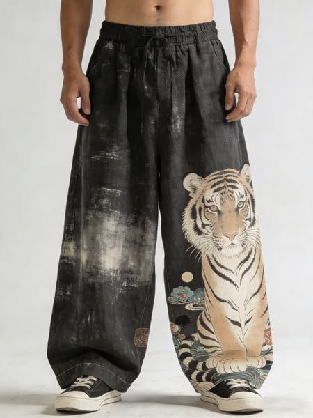 Men's Tiger Japanese Art Print Loose Drawstring Waist Pants