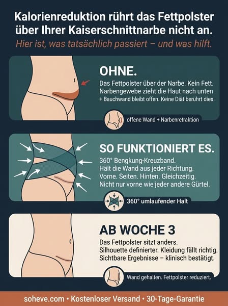 Deine Bauchfalte nach dem Kaiserschnitt verschwindet nicht durch eine Diät. Hier erfährst du, warum.
