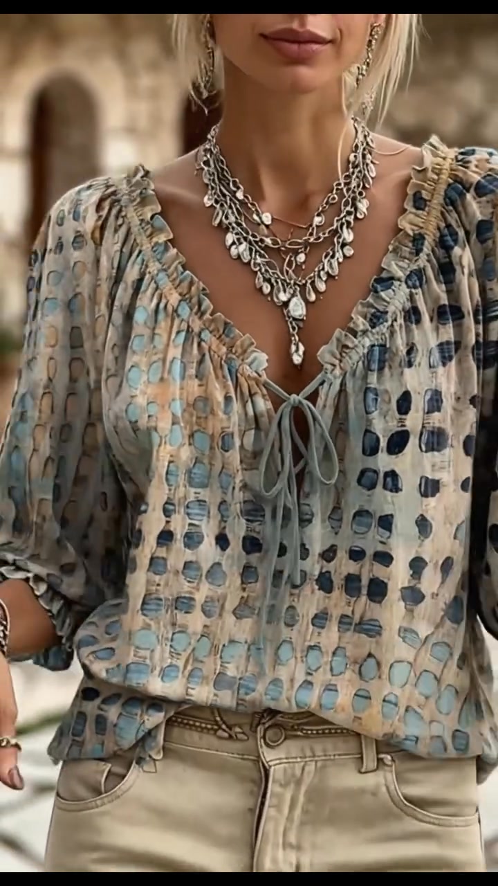 Women 3/4 Sleeve V-Neck Polka Dot Lace Up Blouse