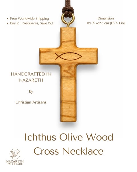 Ichthus Olive Wood Cross Necklace