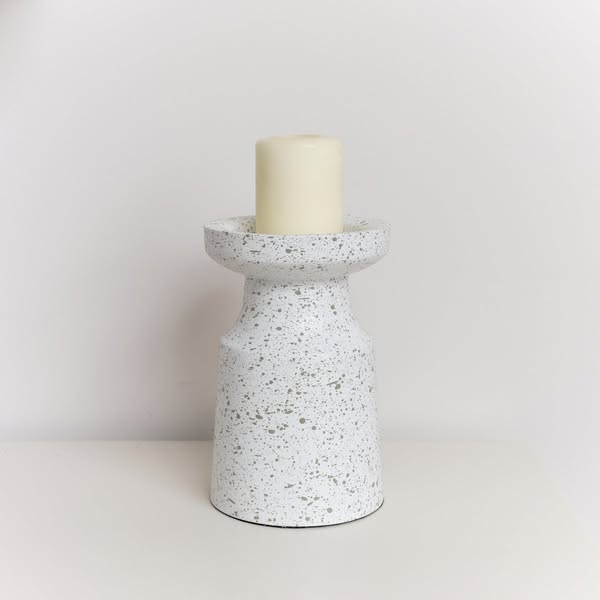 White Speckled Metal Round Pillar Candle Holder - 18cm