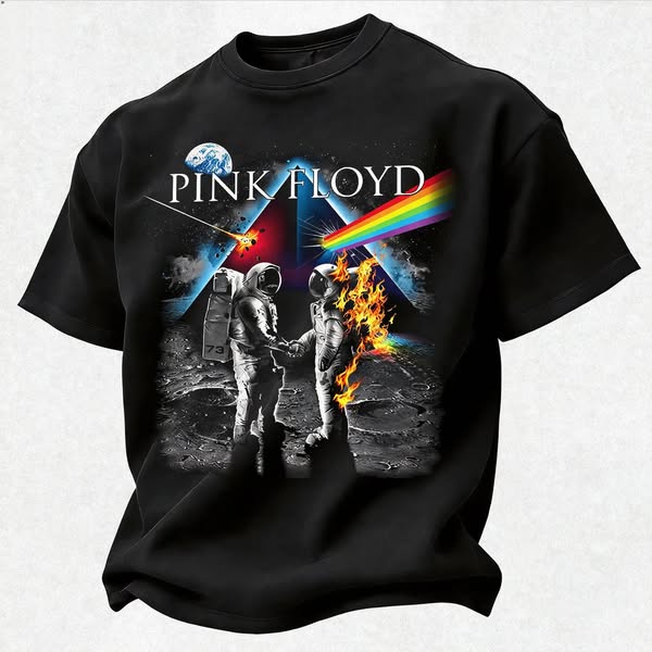 Pink Floyd Astronaut Rainbow Prism Print Men Black Rock Band T-Shirt Black-SMusic is the language of the soul.