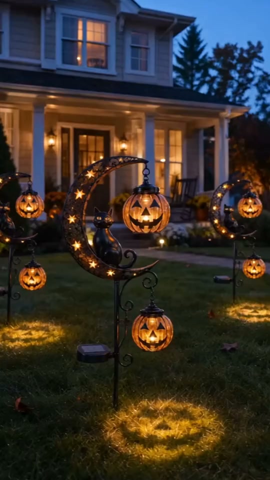 Solar Halloween Black Cat & Pumpkin Moon Garden Stake Light