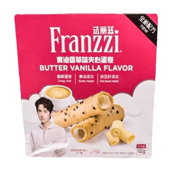 €1.99|Franzzi Sweet & Salted Snacks: Butter Vanilla Flavor Filled Egg Rolls, a crunchy & creamy biscuit treat, 102g