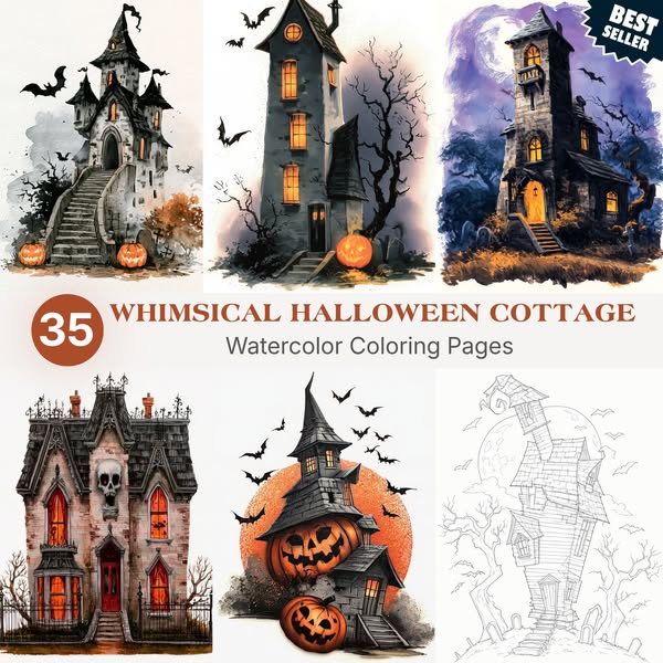 35 Whimsical Halloween Cottage Coloring Pages | Cozy Spooky Haunted Ho