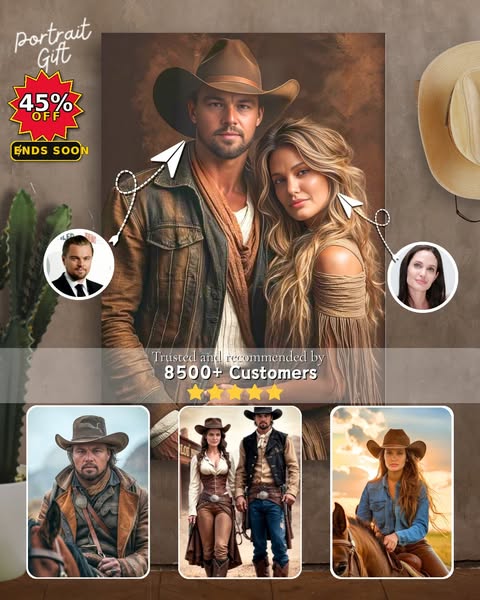 Cowboy Couple Portrait Canvas | Portrait Gift