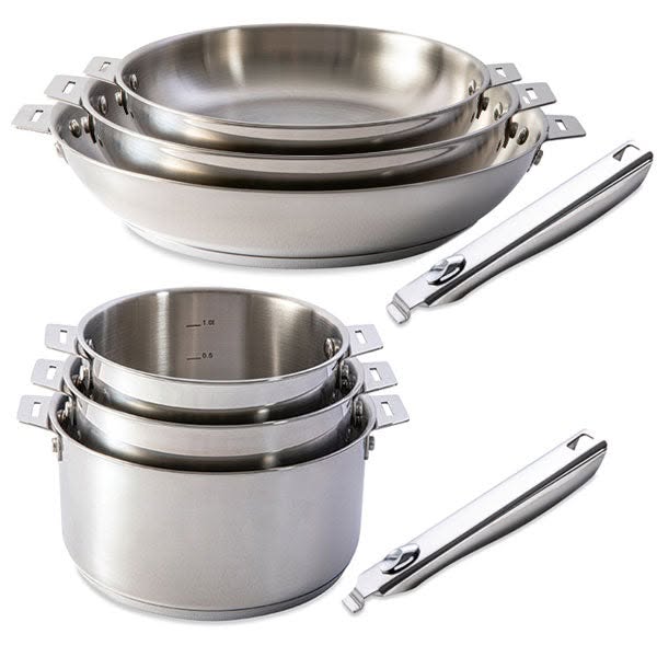 Lot 3 casseroles et 3 poêles tout inox Clips'Inox et 2 manches amovibles Mathon
